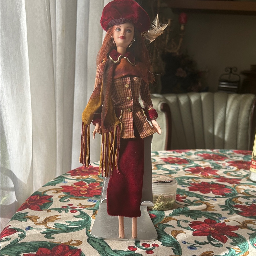 Elegant Burgundy and Plaid Fashion Doll